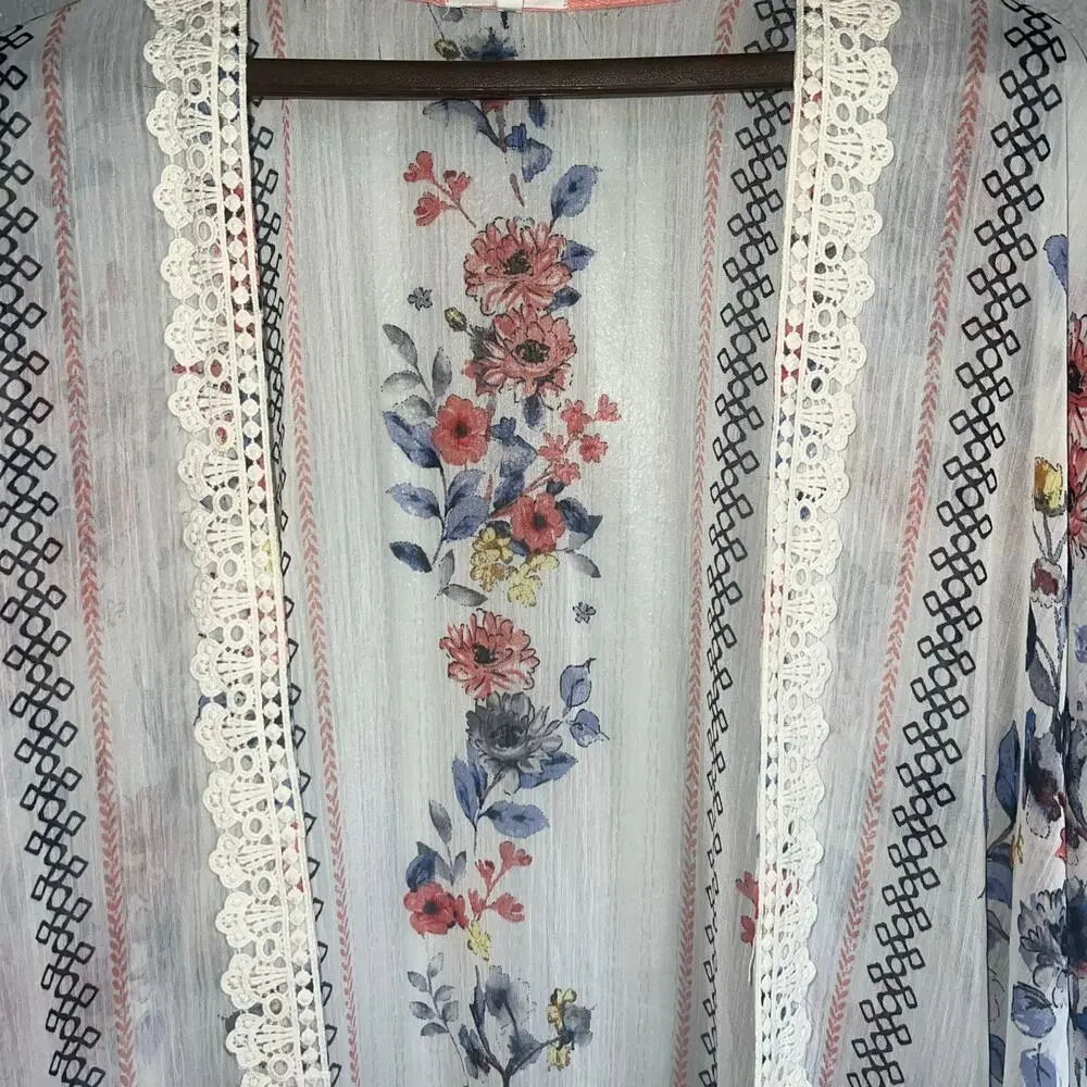 Maurices Crochet Trim Floral Kimono Ivory Coral Blue Sheer Lightweight Long S/M - Picture 4 of 9